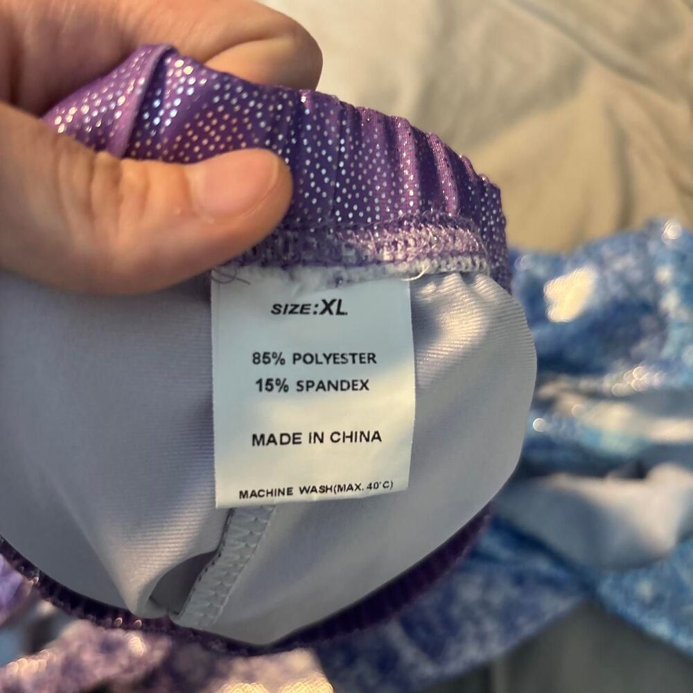 NWOT Girls XL Blue Purple Glitter Print Leotard & Sparkle Shorts Dance Gym Set - Picture 4 of 5
